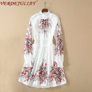 

VERDEJULIAY Runway Fashion Cotton Dress 2020 Spring Autumn Women Long Lantern Sleeve Waist Elastic Knee-Length Party White Dress