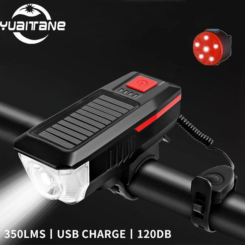 350 Lumen лампа солнечного света для велосипеда передняя USB Перезаряжаемый