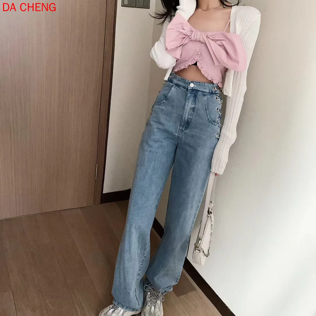 Babygirl Queen-Level Chain Print High-Waist Straight Loose-Fit Floor Pants Wide-Leg Jeans for Women Mom Jeans Mujer Pantalones