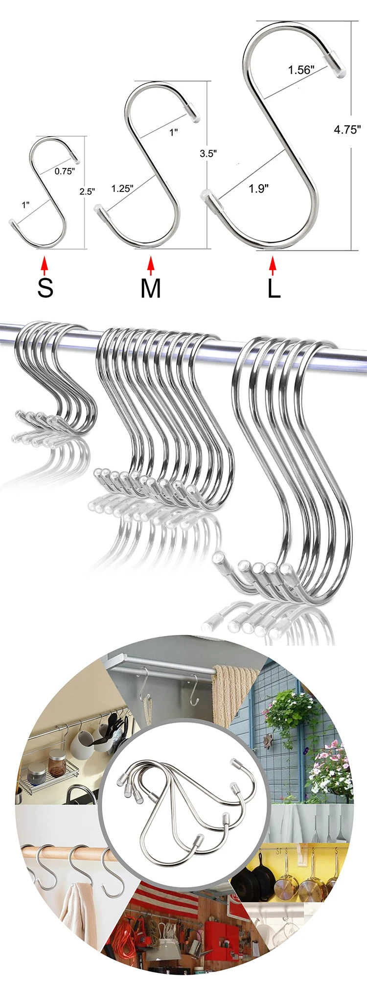 10 15 Pack S Hanging Hooks Stainless Steel Heavy Duty S Hanger Hooks L 4.8 M 3.5 S 2.5 Metal Kitchen Pot Rack Closet Hook