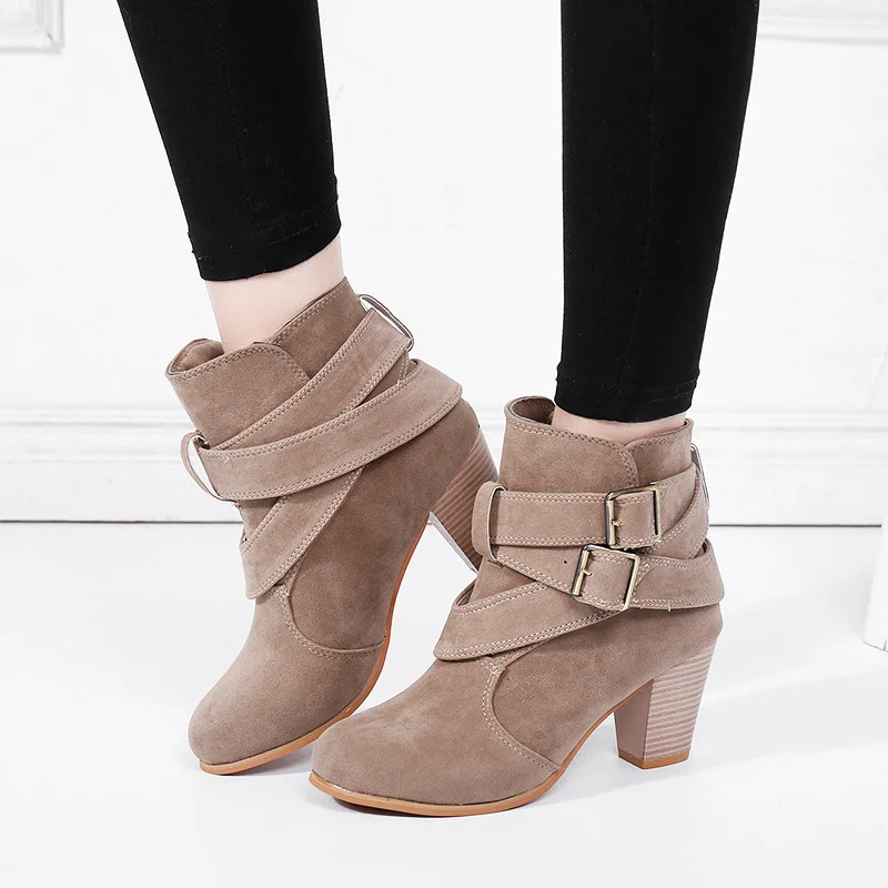 

Women Buckle Strap Boots Ladies PU Leather High Heels Pointed Toe Ankle Shoes Office Female Commute Hot Fashion Style New 2020