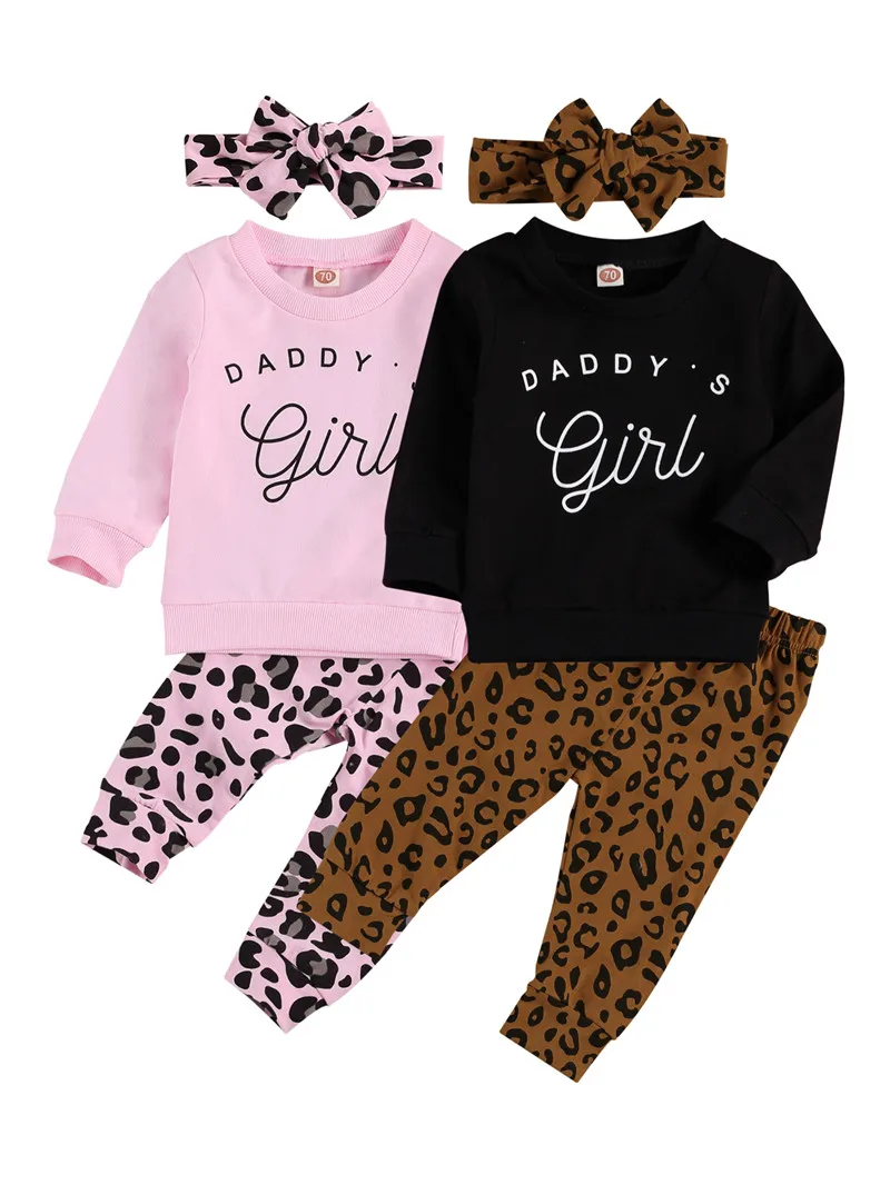 

3 Pcs Newborn Casual Pink Outfits, Infant Long Sleeve Round Neck Letter Print Pullover + Leopard Trousers + Headband 2020 Winter