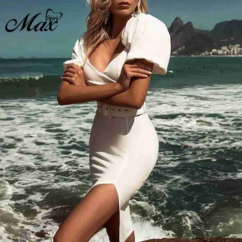 

Max Spri 2020 New Fashion Split Dress For Women Dress Short Sleeve belt Lady Bodycon Dress