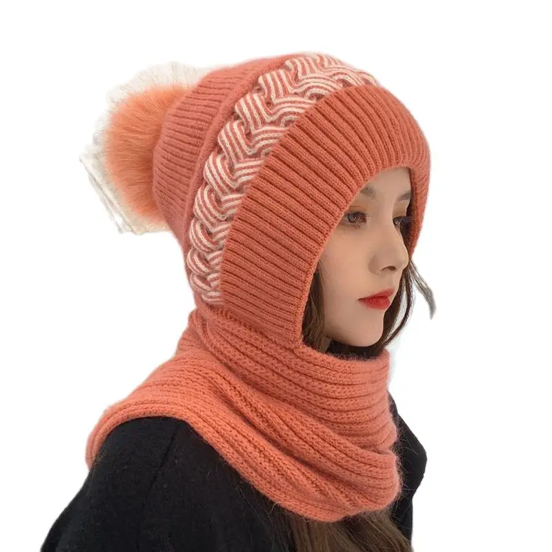 

Female 2 in 1 Thick warm Beanie cap Long braid Earflap Windproof Cycling Knit hat Winter Women Soft Skullies With scarf