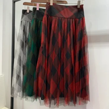 

LouLan Queen Spring Summer Women/High Quality/Plaid/Mesh/ High-Waist/Pleated Skirt Womens 2020