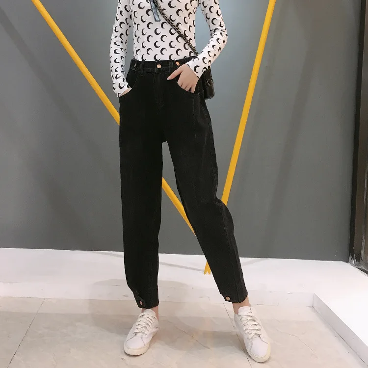 Черные джинсы, женские свободные штаны, новинка, Ранняя осень, высокая талия, длина по щиколотку, штаны на молнии, черные женские джинсы, брюки