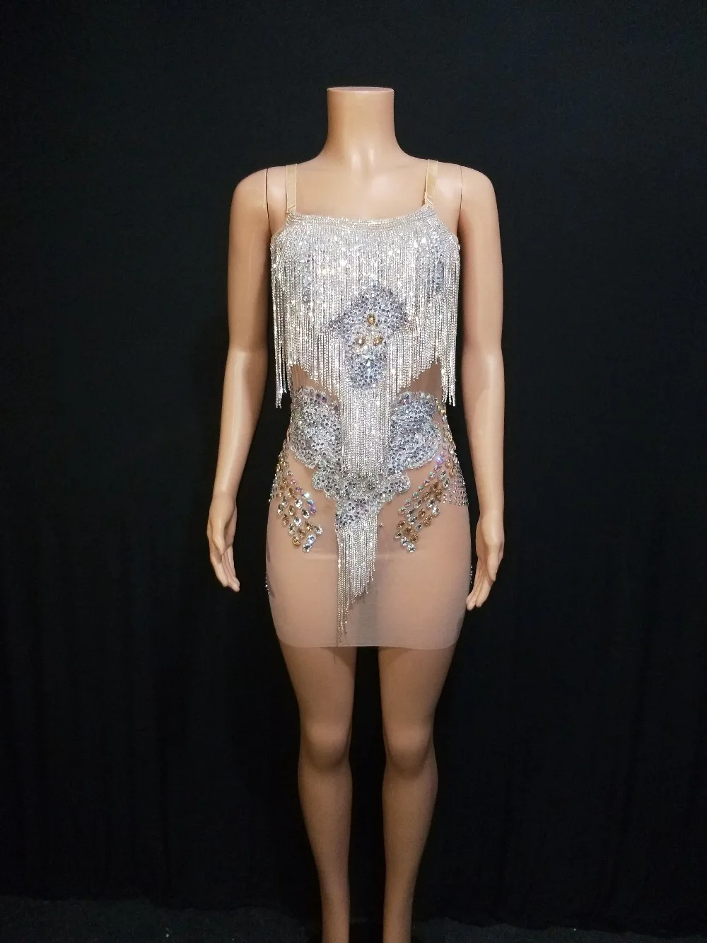 

2019 New Silver Crystals Tassel Mesh Dress Birthday Prom Celebrate Fringes Dress Bar Evening Women Dancer Rhinestones Dress
