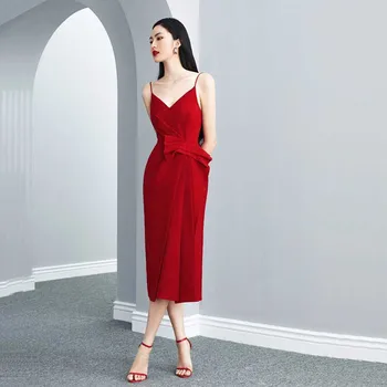 

Wholesale 2020 summer woman's dress red Spaghetti Strap V-neck Sexy celebrity boutique cocktail party dress