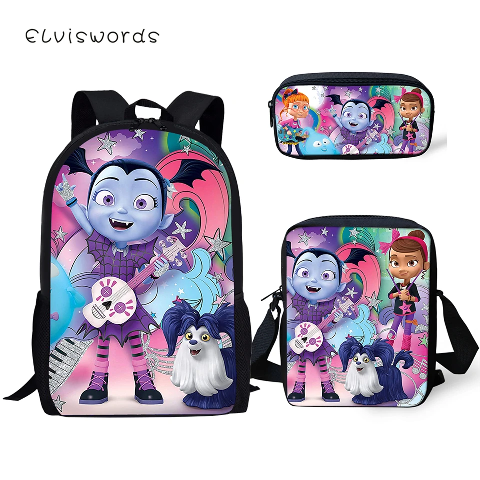 Детский Школьный рюкзак ELVISWORDS с принтом vampyrina, школьные сумки-книжки с рисунками мультфильмов, дизайн для девочек, комплект из 3 предметов, школьные сумки