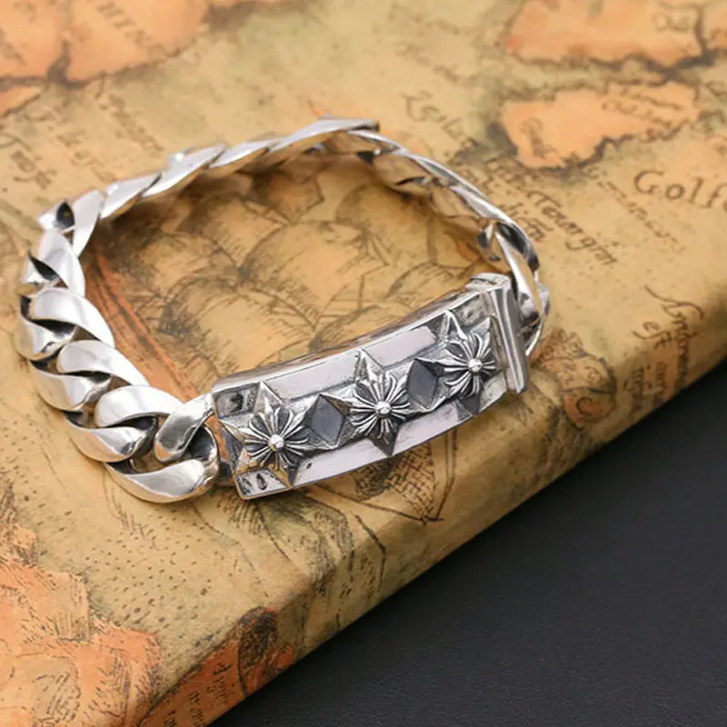 S925 sterling silver men's bracelet personality fashion classic jewelry retro punk style domineering six-pointed star shape
