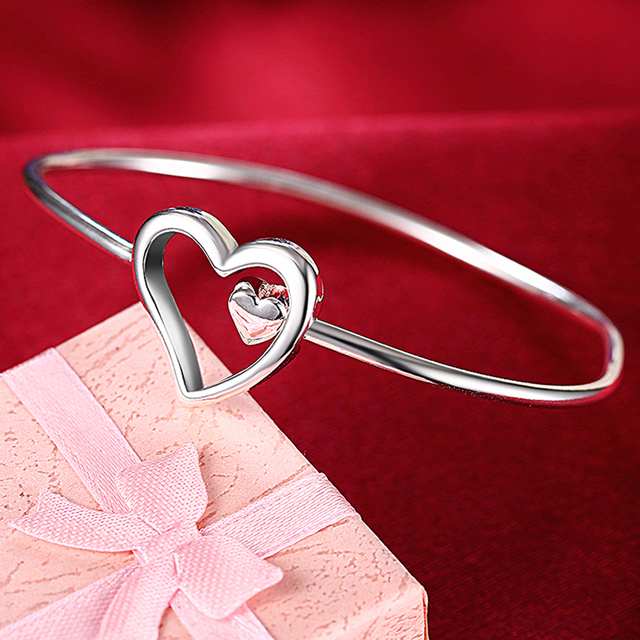 Trendy Style 925 Silver Round Heart Open Bracelet For Women Fashion Jewelry Cuff Bangles