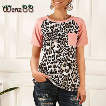 

Wenzbb Leopard Patchwork Pocket Short Sleeve O-Neck Tops For Women 2020 Summer Casual Loose T-Shirt Dropshipping