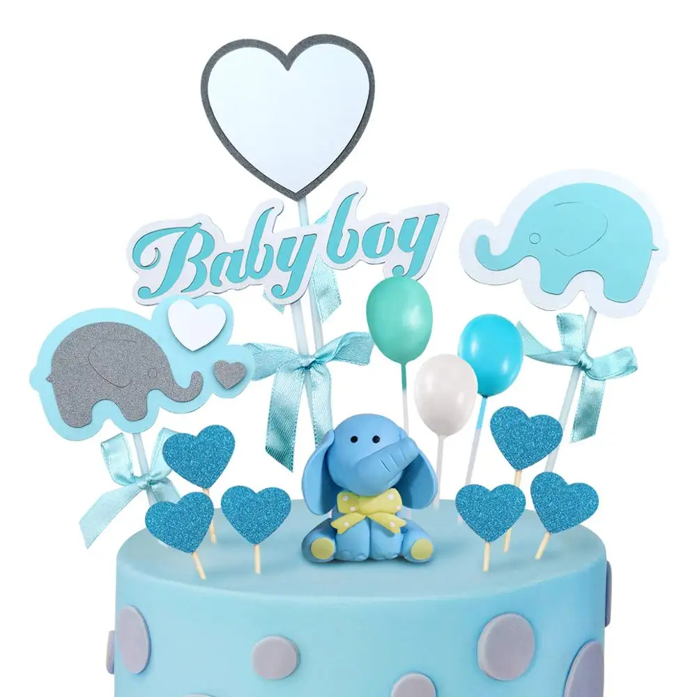 

Baby shower cake topper elephant cake decoration, 1 blue elephant, 2 elephant cake toppers, 1 baby boy banner, 11 sparkling hear