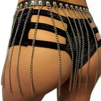 

Womens Sexy Rave Punk Adjustable Waist Chain Body Harness Garter Belt Metal Chain Tassels Night Club Party Costume