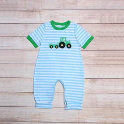 Barboteuse d'été pour garçon, barboteuse pour bébé, avec poignets verts, rayures bleues, manches courtes, motif brodé de tracteur vert 