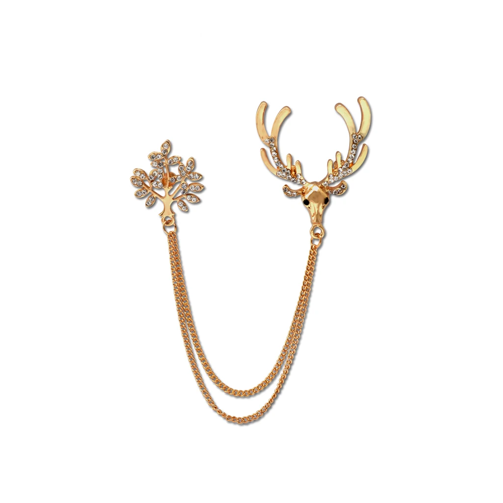 Gold Deer Tree Collar Neck Tip Brooch Lapel Pin Chain Jewellery Gift for Men Women