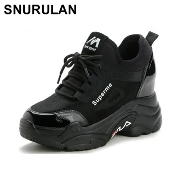 

SNURULAN New 2019 black women's spring and autumn breathable casual wedge sneakers 8 cm with sponge thick-soled women's sneaker