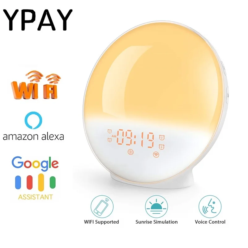 YPAY, wifi, FM радио, будильник, обновление, смарт, Wake Up, светодиодный светильник, приложение с Alexa/Google, 7 цветов, имитация восхода солнца