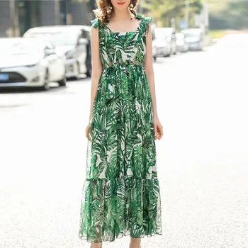 

Xiaomoli Shoulder tie bow casual suspender green leaf print high waist long dress 2020 summer new fashion