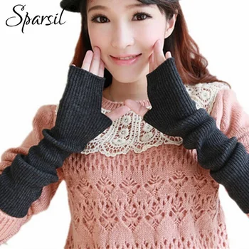 Sparsil Women's Winter & Autumn Christmas Cashmere Blend Knitted Long Gloves Solid Color Fashion Warm For Lady Elbow Mittens 3