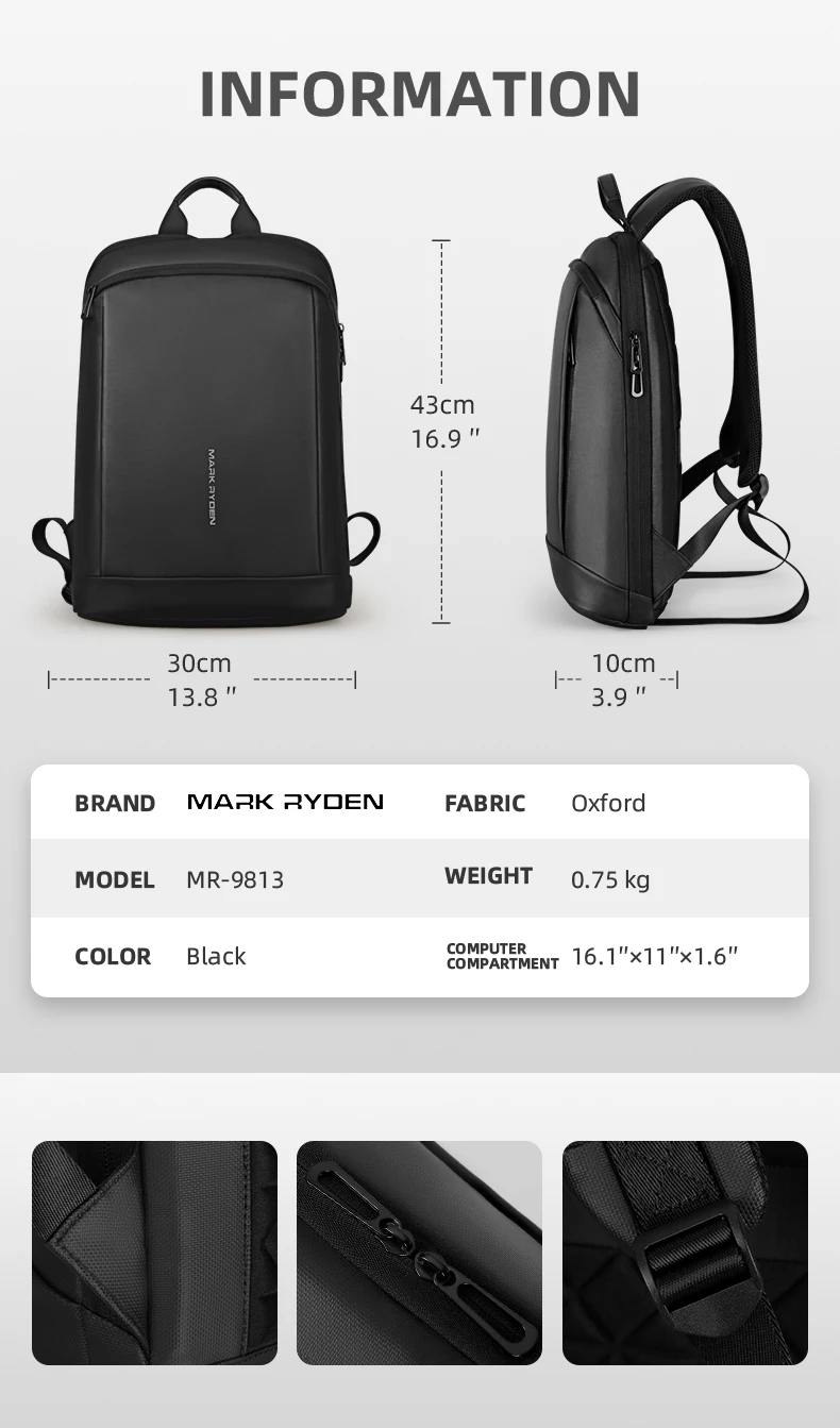 Mark Ryden, Сверхлегкий мужской рюкзак для ноутбука, 15,6 дюймов, для работы в офисе, тонкий мужской рюкзак, деловая сумка, рюкзак, тонкая задняя Сумка