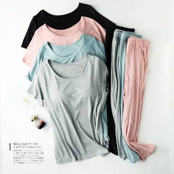 

Modal Summer Thin Section Pajamas WOMEN'S Short Sleeved Capri Pants with Chest Pad Cup Bra Loose-Fit Homewear Set