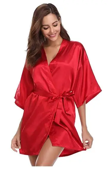 Women Silk Satin Short Night Robe Solid Kimono Robe Fashion Bath Sexy Bathrobe Peignoir Femme Wedding Bride Bridesmaid