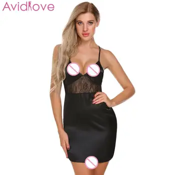 

Mature Women Babydoll Chemise Sexy Lingerie G-string Lace Patchwork Criss Cross Backless Erotic Pajamas Satin Porno Sleepwear