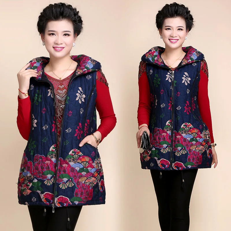 

Middle-aged Waistcoat Women's Autumn And Winter Loose And Plus-sized Thick Quilted Vest Mid-length Old Man Flower Waistcoat