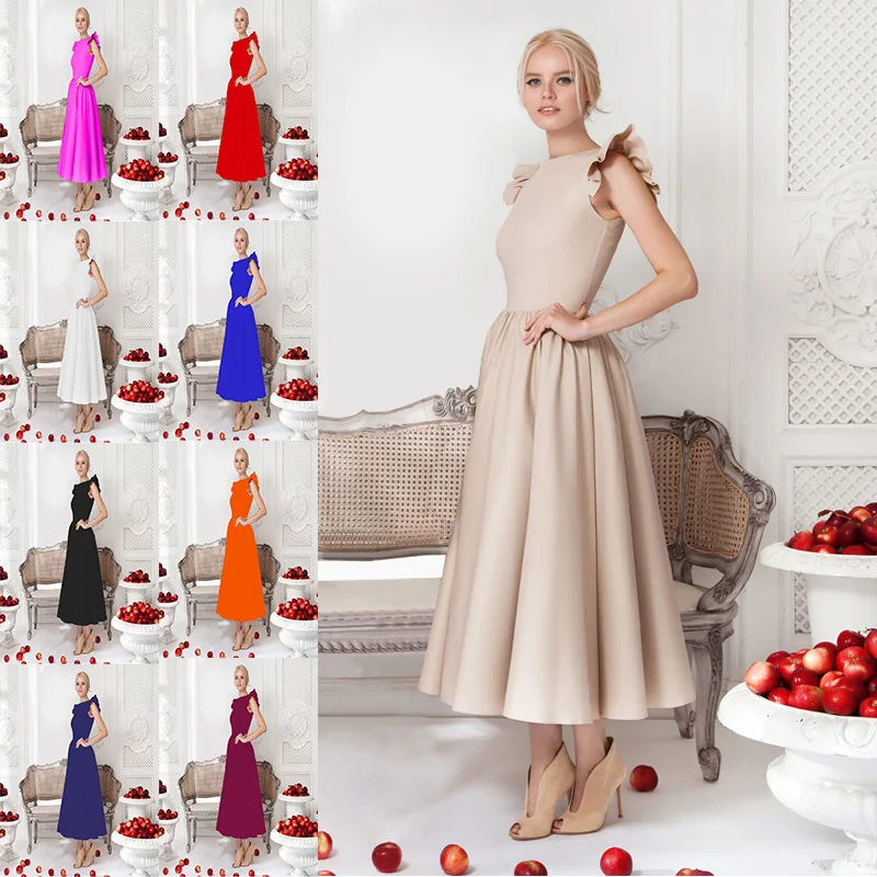 

BAcklakeGirls Simple Scoop Neck Sleeveless A Line Solid Color Satin Cocktail Dresses Tea Length For Cocktail Party