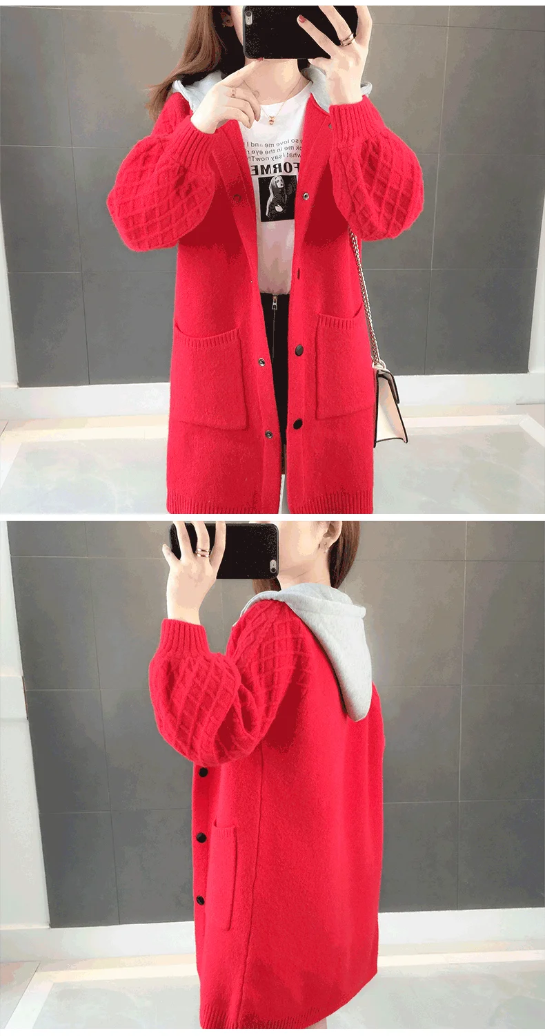 Neploe Autumn Winter Sweater Long Cardigan Women Long Sleeve Knitted Hooded Outwear Loose Pocket Sweaters Knitwear 55342