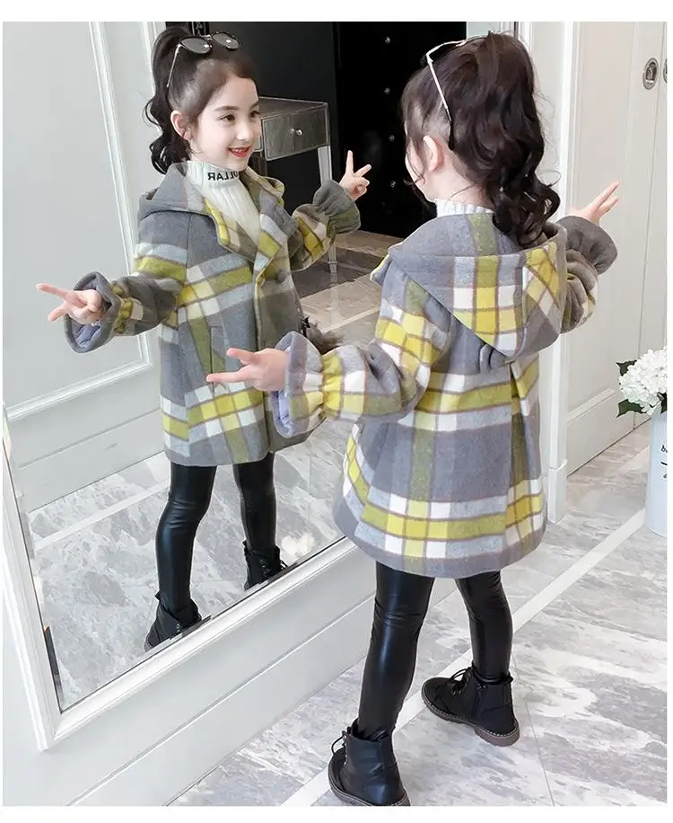 Шерстяное пальто; детская одежда в клетку для девочек; новое зимнее плотное пальто с капюшоном для детей среднего и большого размера; одежда для малышей