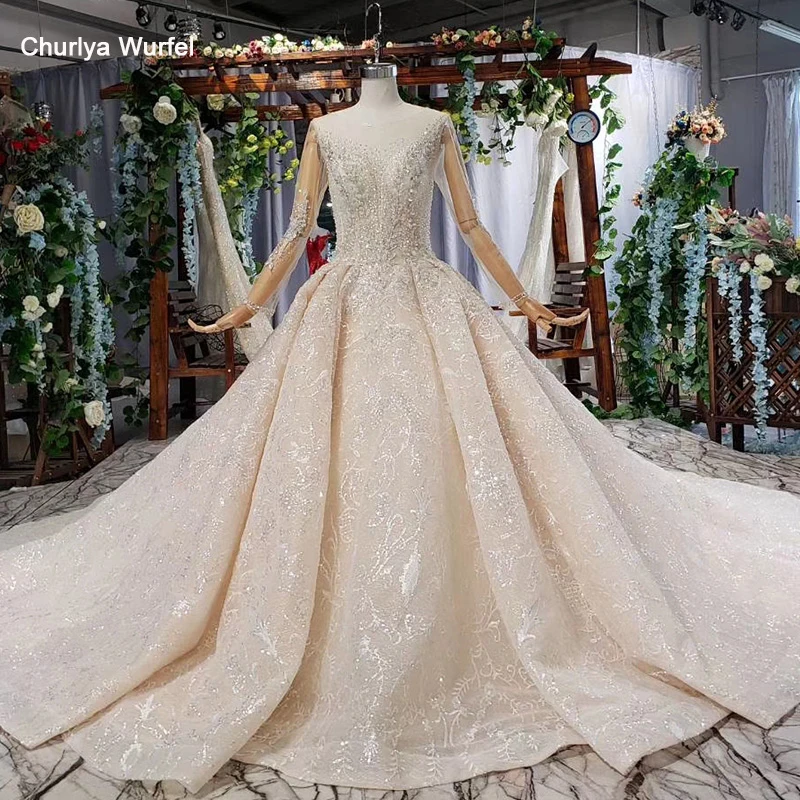 

HTL637 wedding dress 2019 with cathedral train illusion full sleeve beading bridal dress long sleeve vestido de novia con manga