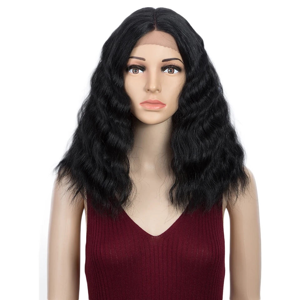 

Synthetic Lace Front Bob Wig For Women 16 Inch Long Wavy Black Cosplay Wigs Heat Resistant Fiber Deep Part Classic Plus