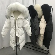 Зима, Южная Корея, Dongdaemun, большой меховой воротник, толстый пуховик средней длины, Женское пальто свободного кроя, большой размер