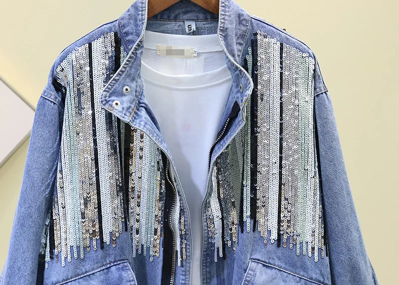 Jaqueta jeans de lantejoulas estilo bomber, casaco