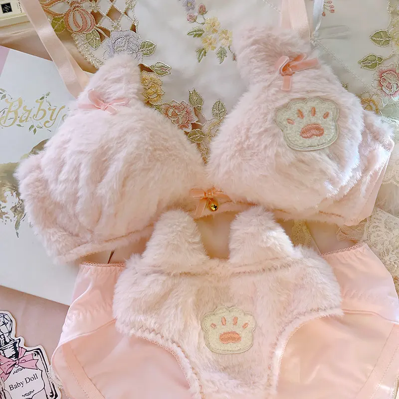 Cute lolita lingerie soft girl pink plush cat embroidery no steel ring  gather bra set low waist pure cotton underwear cartoon - AliExpress