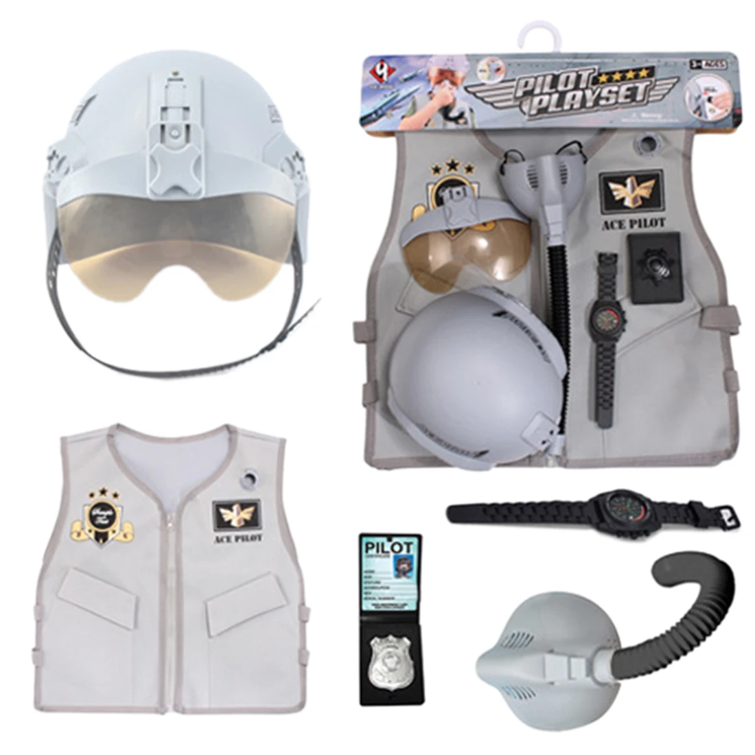 

5Pcs Children Pilot Pretend Playset Cosplay Clothes Set Educational Toy - Grey White