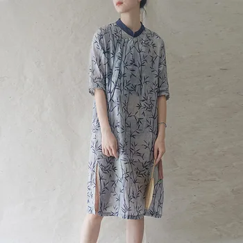

SCUWLINEN 2020 Women Summer Autumn Dress Vintage Bamboo Leaves Print Stand-collar Three Quarter Sleeve Ramie Dress Zen Robe P261