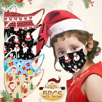 

5PCS Merry Christmas Kids 3D Masks Santa Snowman Elk Cartoon Printed Face Mask Children Cotton Filter Mouth Cover Masque Enfants