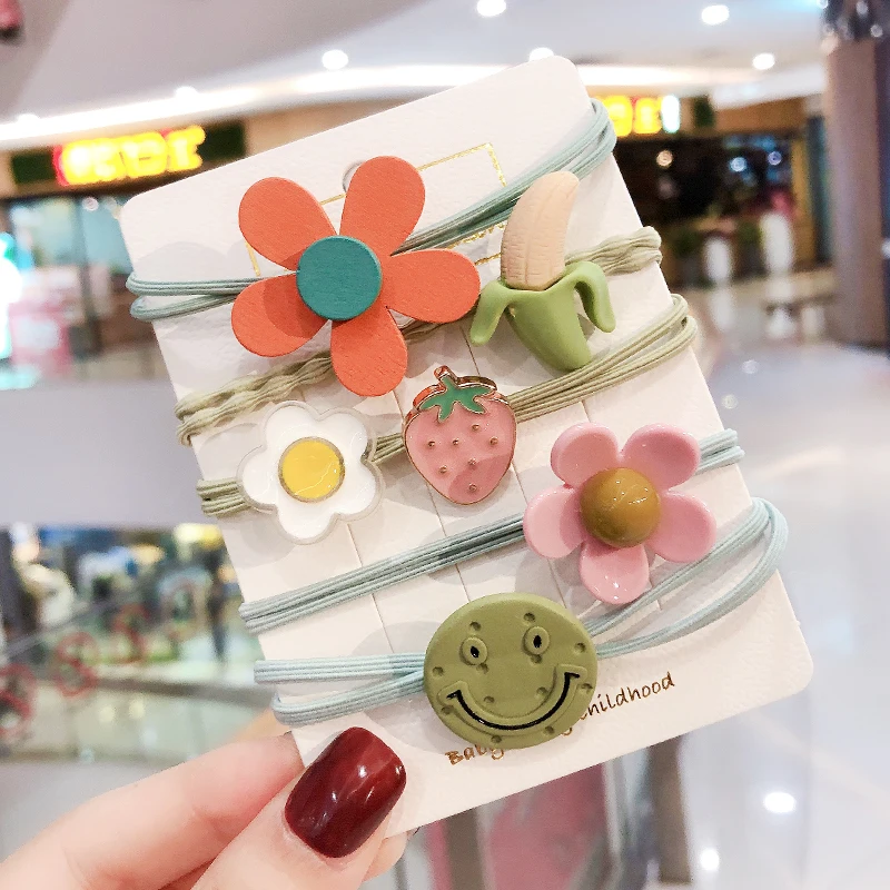 7 5 шт./компл. Новинка, принт с героями мультфильмов Kawaii, цветок Резинка для волос для девочек; резинка для волос, обтянутая тканью; резиновые ленты аксессуары тканью; прическа хвостик; повязка на голову Головные уборы - Цвет: 7