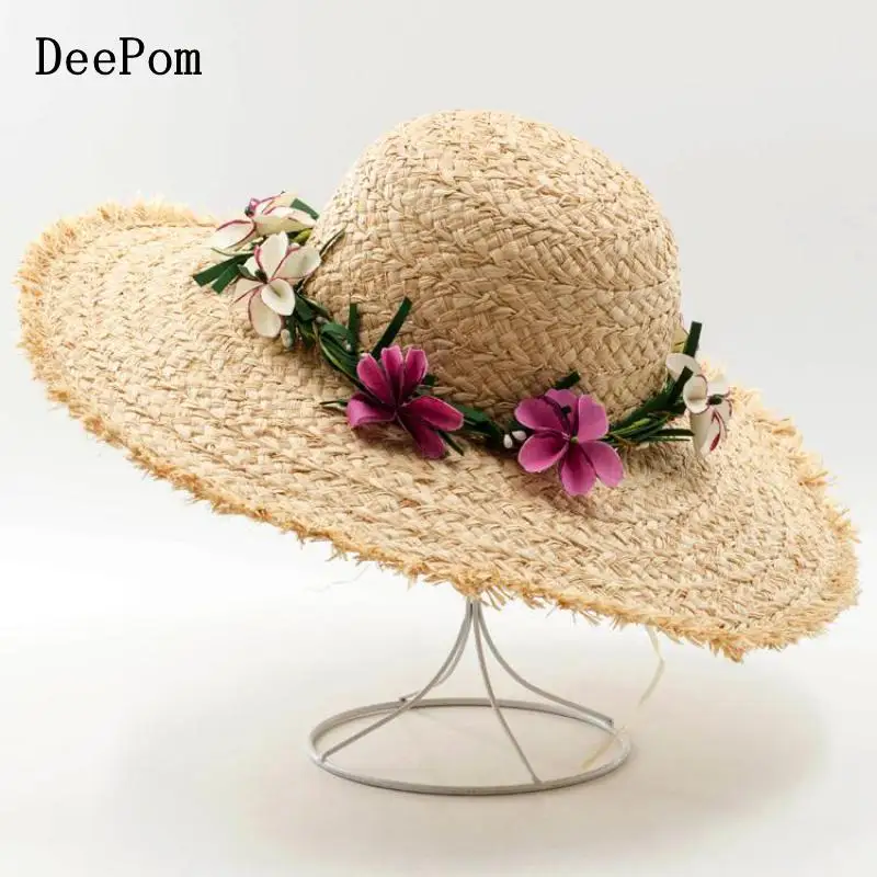 

DeePom Lafite Straw Sun Hat Summer Hats For Women Ladies Wide Tassel Brim Beach Hat Female Floppy Foldable Vacation Travel