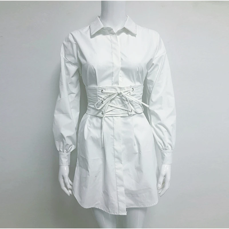 NewAsia White Shirt Dress Women Long Lantern Sleeve Turn-down Collar Casual Dress With Corset Belt Sexy Office Ladies Clothing