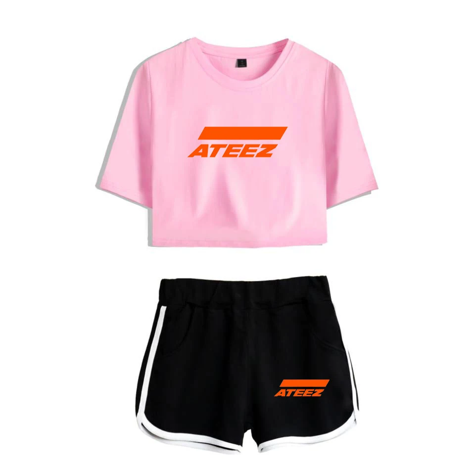 

Fashion Summer Beautiful Girls Hot Sexy Two Pieces sets ATEEZ T-shirts shorts Pants Dew navel Sport Girls Short Sleeve Suits