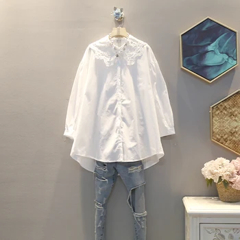 

[EWQ] 2020 Spring Summer New Pattern Hollow Out Lapel Collar Long Sleeve Single Breasted Casual Shirt Women Blouse AK74800