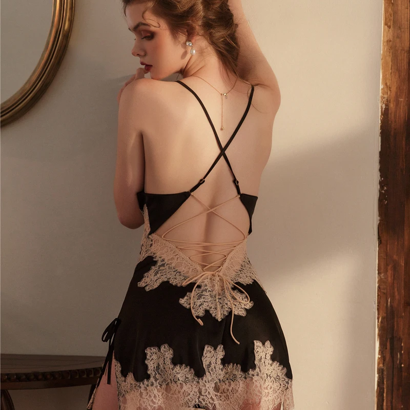 Women Nightgowns Beauty Back Silk Nightgown Sling Lace Embroidery V-Neck Nightdress Sexy Lingerie Nightwear Backless Strap Dress