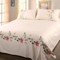 WOSTAR Rose flora embroidery design flat bed sheet solid colour cotton twill linen bedding luxury home textiles queen king size 1