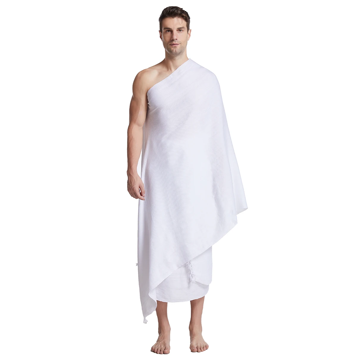 2 Pcs Package Men's Muslim Arab Male Solid Color White 200cm Length Long Hijab Islamic Ethnic Dubai Free Size Ihram Hajj Towel