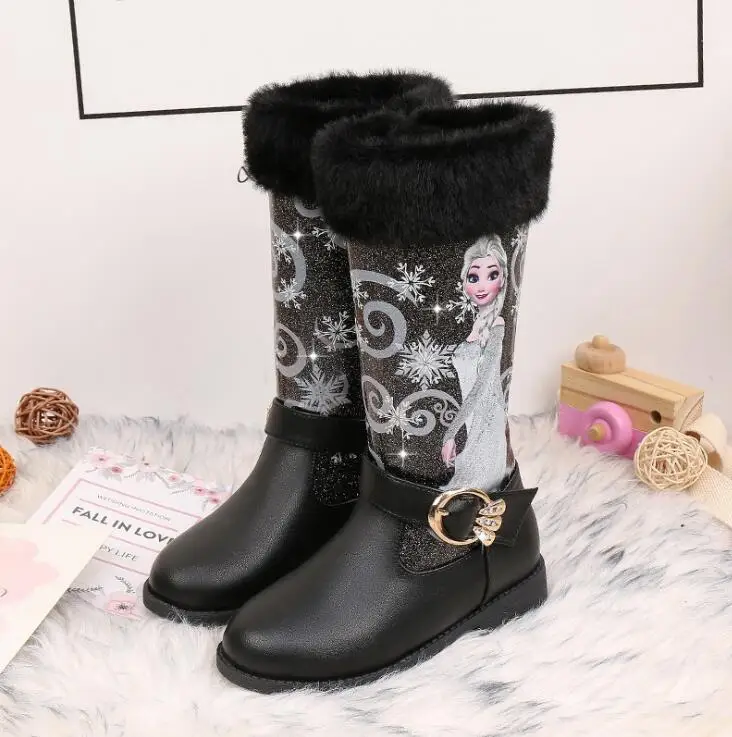 

Kids Princess shoes Children Cartoon Boots PU leather Sequin Winter Boots New girls Genuine Elsa Wool Warming boots Size 25-35