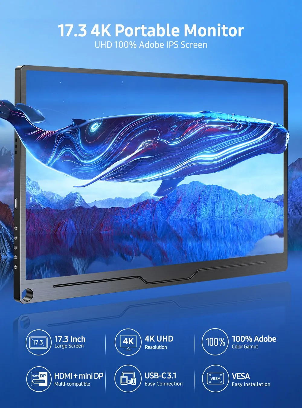 Uperfect Truely 4K ǻ  17.3 IPS UHD 500 NIT  3840x2160 USB C HDR FreeSync Ŀ  C HDMI OTG VESA  Ʈ ִ̽ 